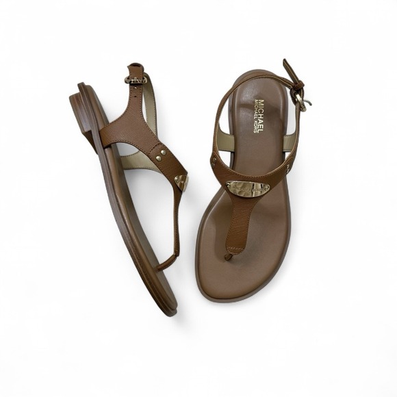 Michael Kors MK Logo Gold Plate T-Strap Brown Leather Sandal Women's Size 6.5 M - Picture 1 of 7
